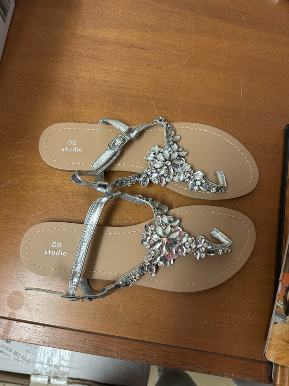 Db Studio Women’s 7 Silver Jeweled T-Strap Sandals
